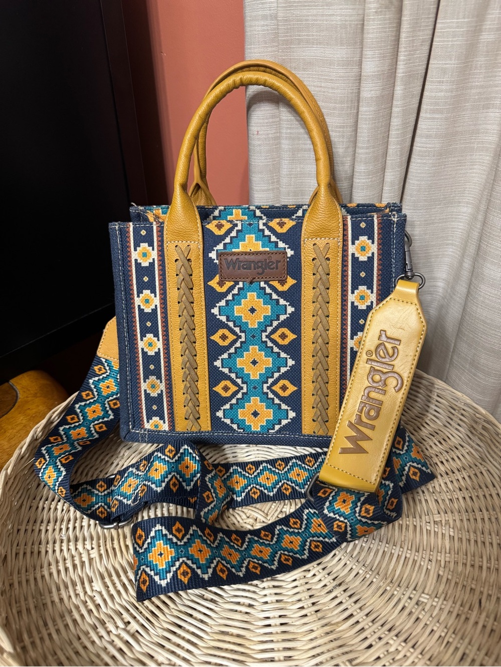 Wrangler Navy & Mustard Aztec Satchel with Detachable Strap